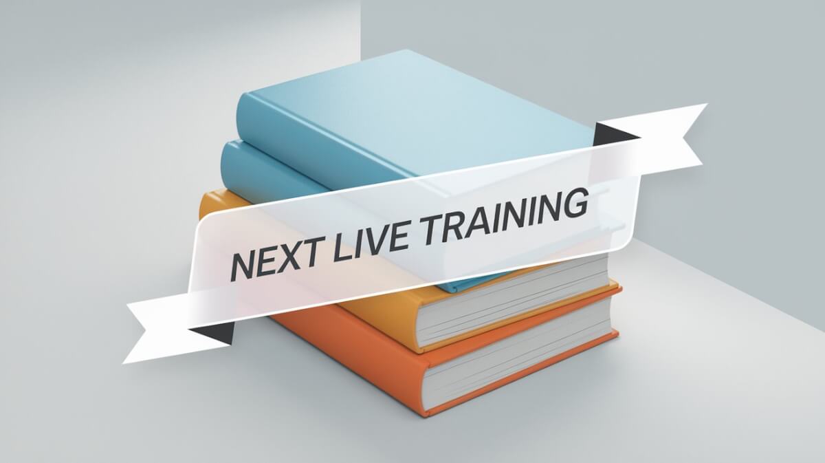 A minimalist digital art image of a clean, modern stack of 4 books with different colored covers. The stack is viewed from a slightly elevated angle. Overlaid on the image, but not obscuring the books entirely, is a semi-transparent ribbon with rounded corners. The banner contains the text 'Next Live Training' in a bold, contrasting color. The background is a simple, solid color (like a light gray or off-white) to keep the focus on the books and text.