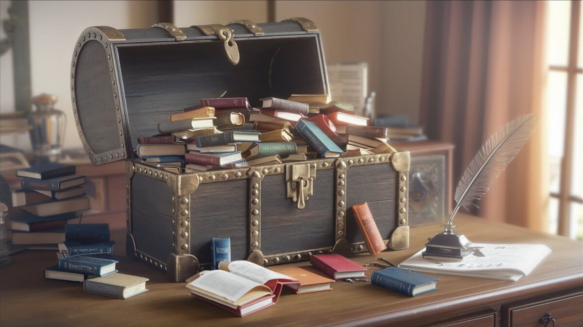 A photorealistic photo of a treasure chest overflowing with miniature books instead of gold coins. The chest is open on a wooden desk, and there's a quill and inkwell near the chest. The room has soft, warm lighting.