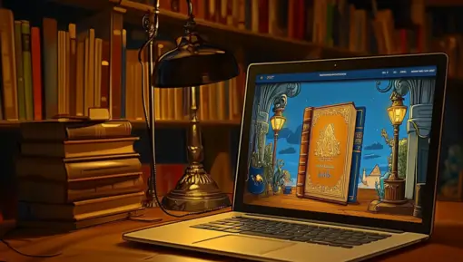 A laptop on a desk with a website on screen, a book prominently featured on the website