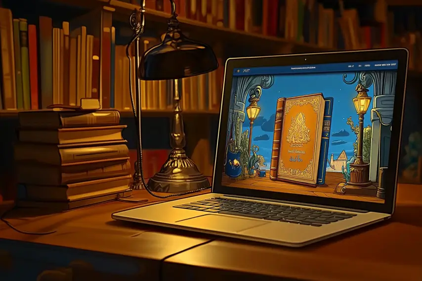 A laptop on a desk with a website on screen, a book prominently featured on the website