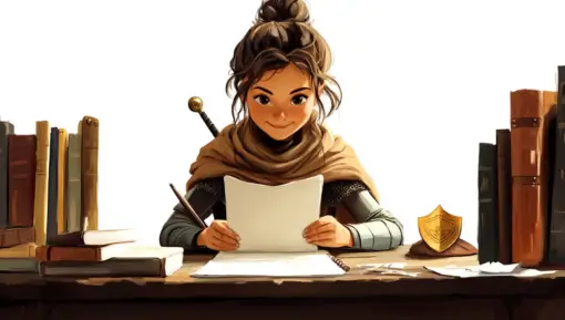 illustration of a writer at their desk, looking confident and secure, with a subtle shield icon in the background, warm colors, soft lighting, friendly style, digital art, blank white background