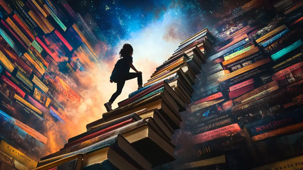 staircase made of stacked middle grade novels, silhouette of tween climbing upward, magical atmosphere, volumetric lighting, books have visible spines and titles, cinematic composition, low angle shot, inspirational