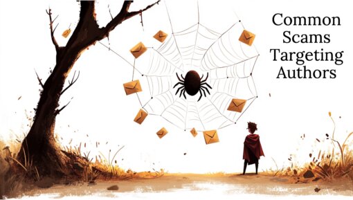 An illustration of a man looking at a giant spider in a large spider web, with envelopes captured in the web as though they were flies. The text reads: Common Scams Targeting Authors