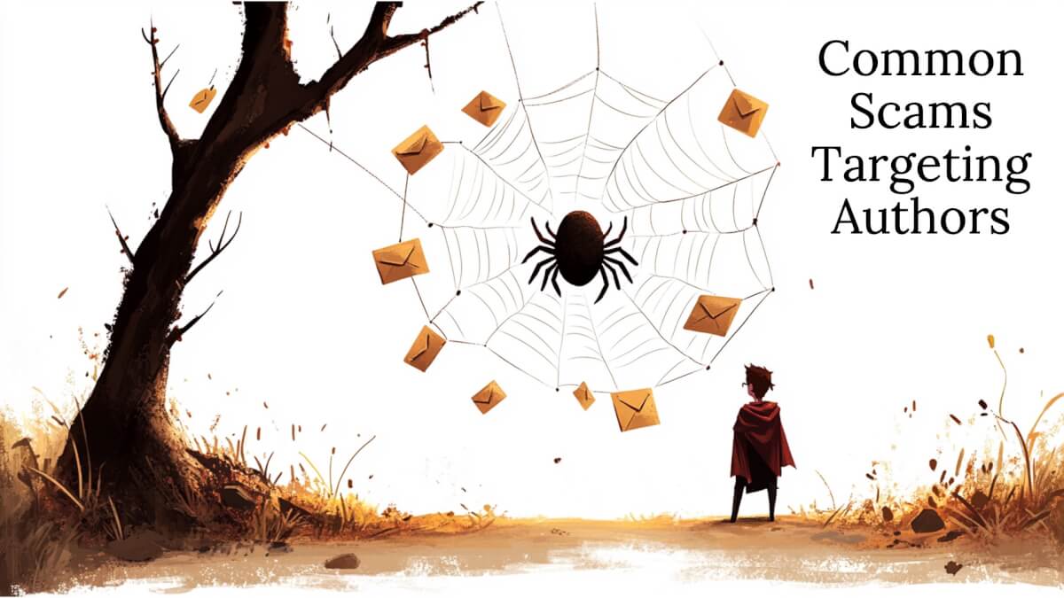 An illustration of a man looking at a giant spider in a large spider web, with envelopes captured in the web as though they were flies. The text reads: Common Scams Targeting Authors