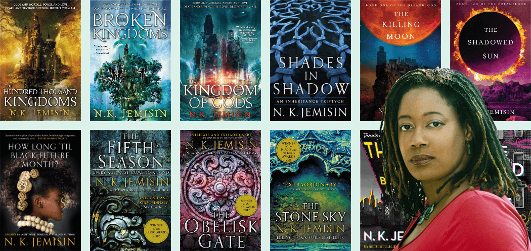 A headshot of N.K. Jemisin superimposed above a selection of her books.