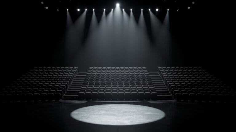 An empty stage, lit by a spotlight, with dark, empty seats in the background,