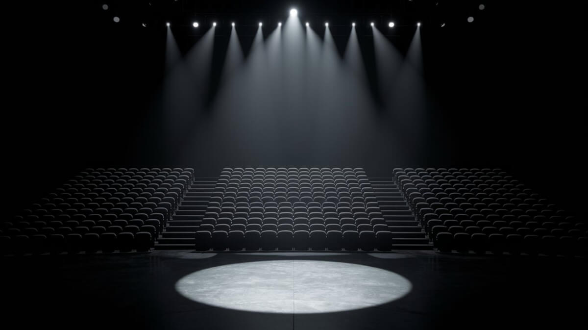 An empty stage, lit by a spotlight, with dark, empty seats in the background,