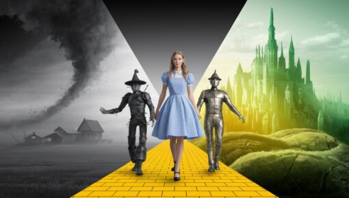 The Wizard of Oz in three acts, depicting a tornado taking her house on the left, Dorothy walking the yellow brick road with the scarecrow and tin man in the center, and the emerald city on the right.