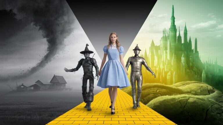 The Wizard of Oz in three acts, depicting a tornado taking her house on the left, Dorothy walking the yellow brick road with the scarecrow and tin man in the center, and the emerald city on the right.