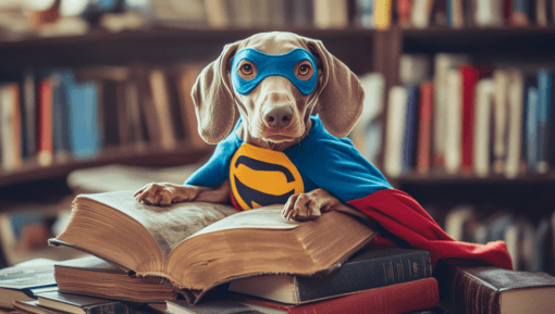 maineblaine_a_pile_of_books_with_a_stuffed_animal_of_a_weimarei_ba4e7ac8-40a1-4430-a34e-5c1b260a6403