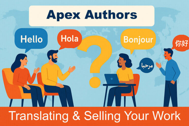 A group of people saying hello in various languages, with the caption: "Apex Authors & Selling Your Work"
