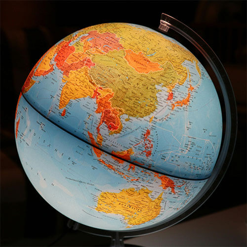 A globe turned towards Asia and Australia.