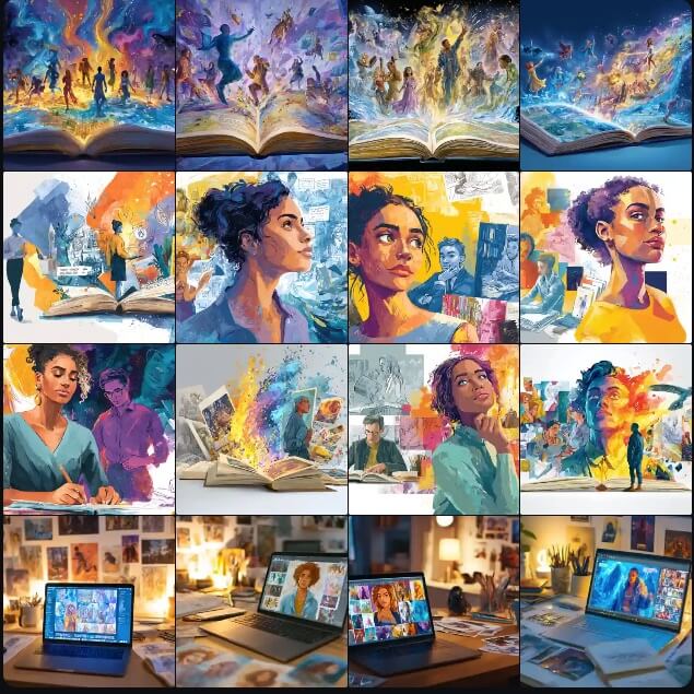 A collection of images generated in MidJourney showing various scenes where art and literature may meet, including figures dancing out of a book, a collage of art and figures, and a desk with various pieces of art arrayed around it and a laptop with MidJourney featured on it.