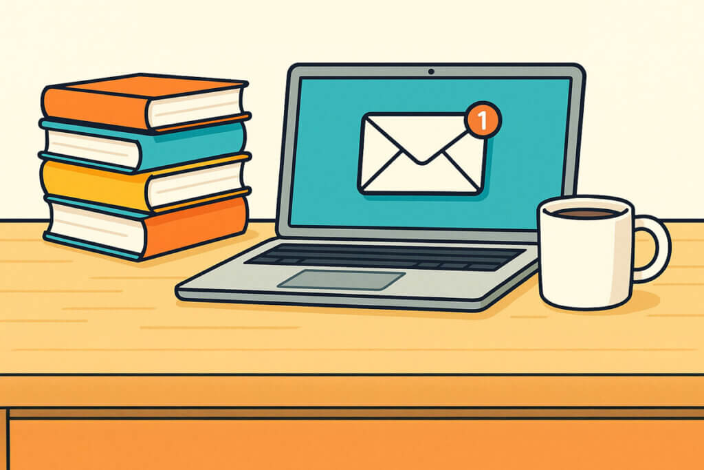An illustration of a laptop computer on a desk, with an email icon on the screen. Next to the computer are a stack of books and a coffee mug.