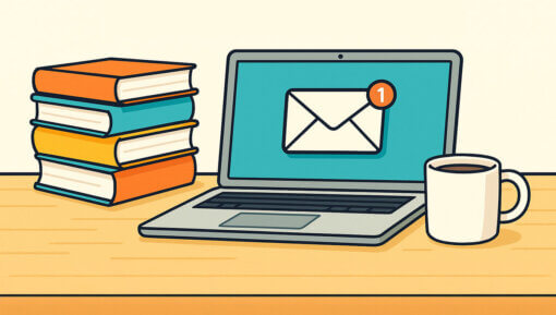 An illustration of a laptop computer on a desk, with an email icon on the screen. Next to the computer are a stack of books and a coffee mug.
