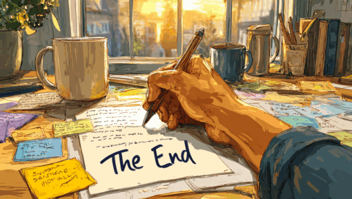 maineblaine_A_close-up_of_a_hand_writing_The_End_on_a_manuscr_25cca4e1-a328-447b-aee8-e4ec47605110_0