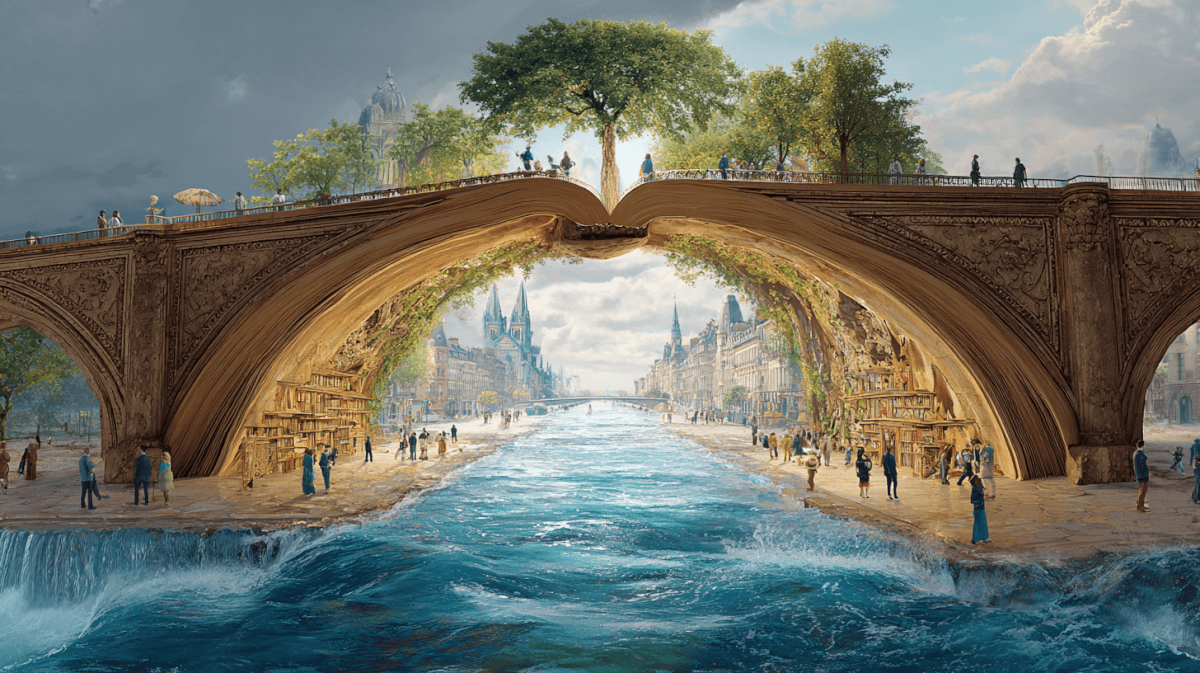Maineblaine A surreal image of a book morphing into a bridge a524e349 2372 46d9 8a5b cd3e6a62e951