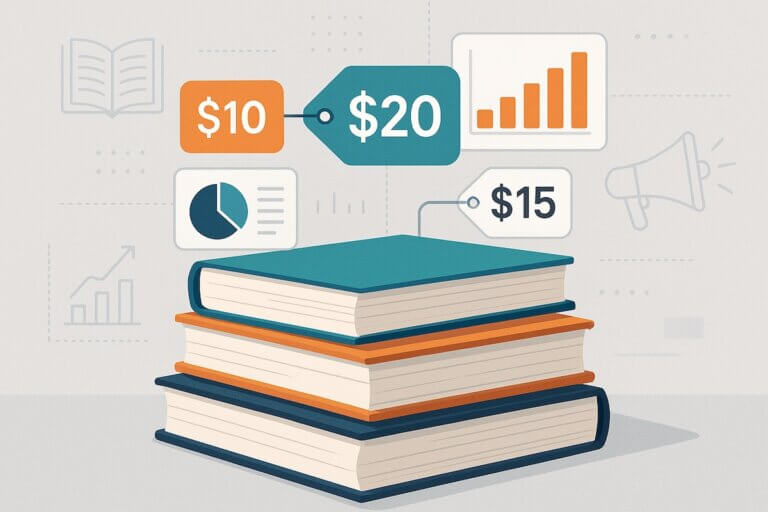 An illustration of a stack of books with prices and charts arrayed around them.