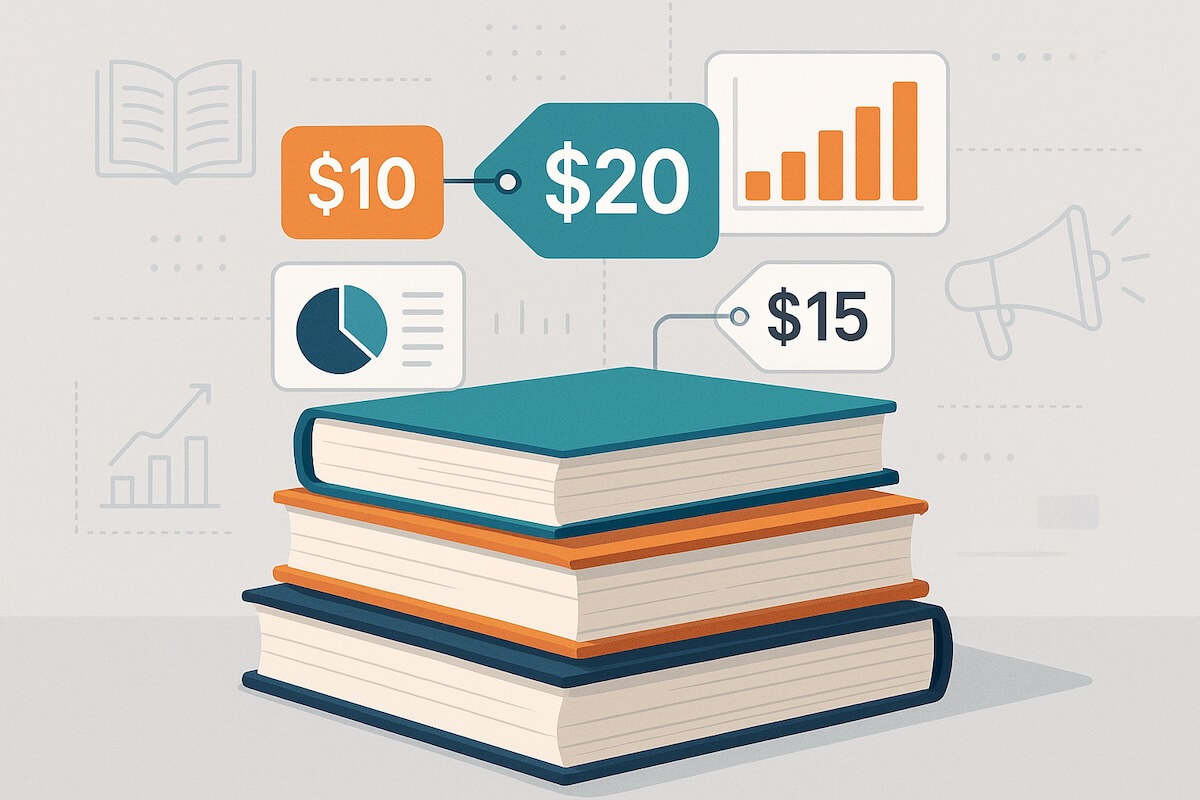 An illustration of a stack of books with prices and charts arrayed around them.