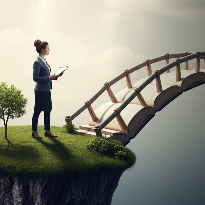 A woman with a tight bun standing in front a bridge made out of books and holding a clipboard.