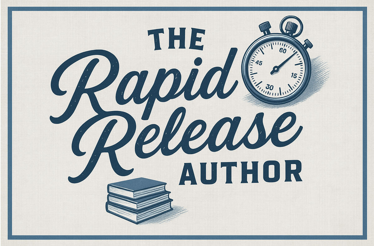 The Rapid Release Author. An image of the title with a stopwatch in the top right corner and a stack of books below the title.