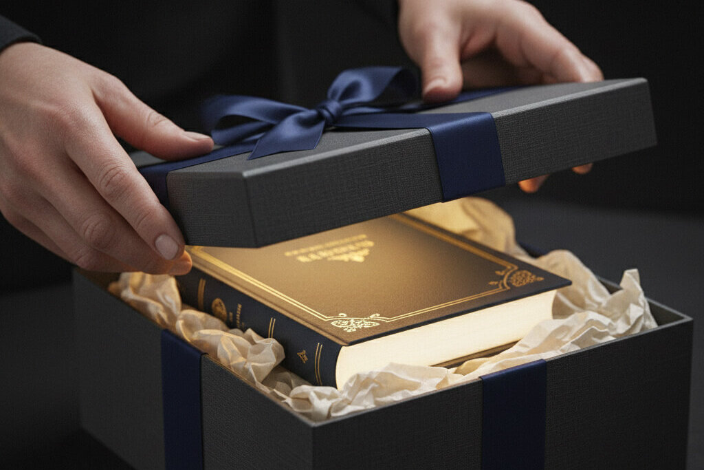 Arc Platforms - a book peeking out of a gift box.