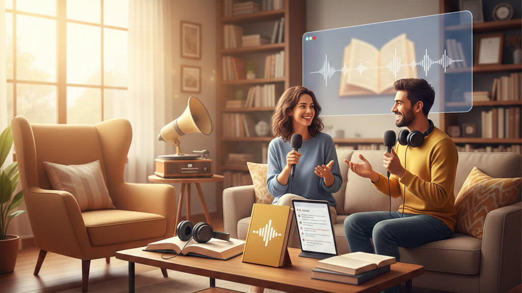 Two people sitting on a couch discussing books and audiobooks.