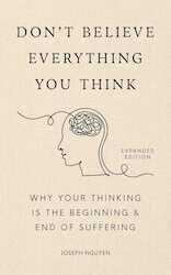 Cover for "Don't Believe Everything You Think" by Joseph Nguyen, featured a tan hemp-like texture and a simple illustration of a a head with yarn for a brain.