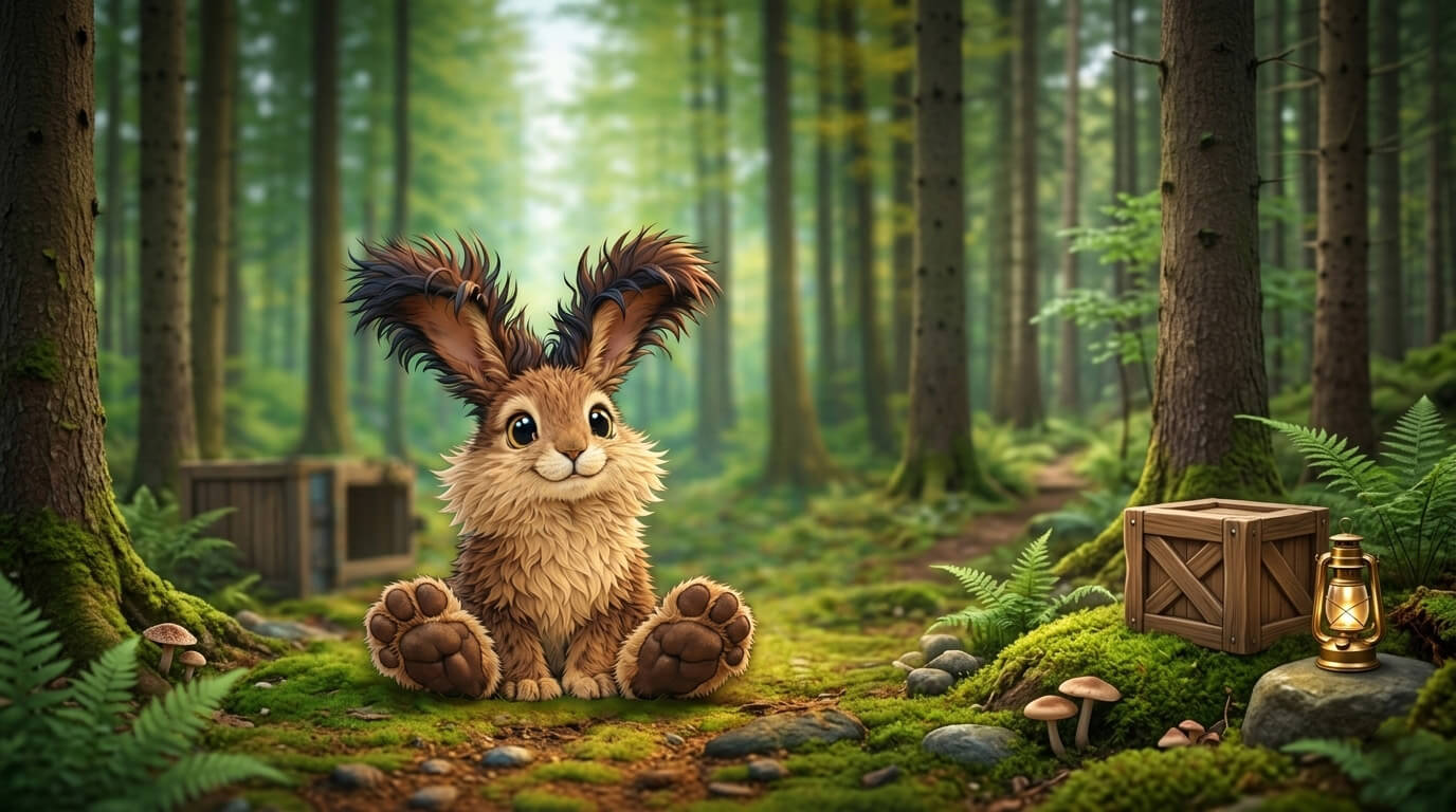 A cute cartoon hare with bear feet sitting in the woods near a trap.