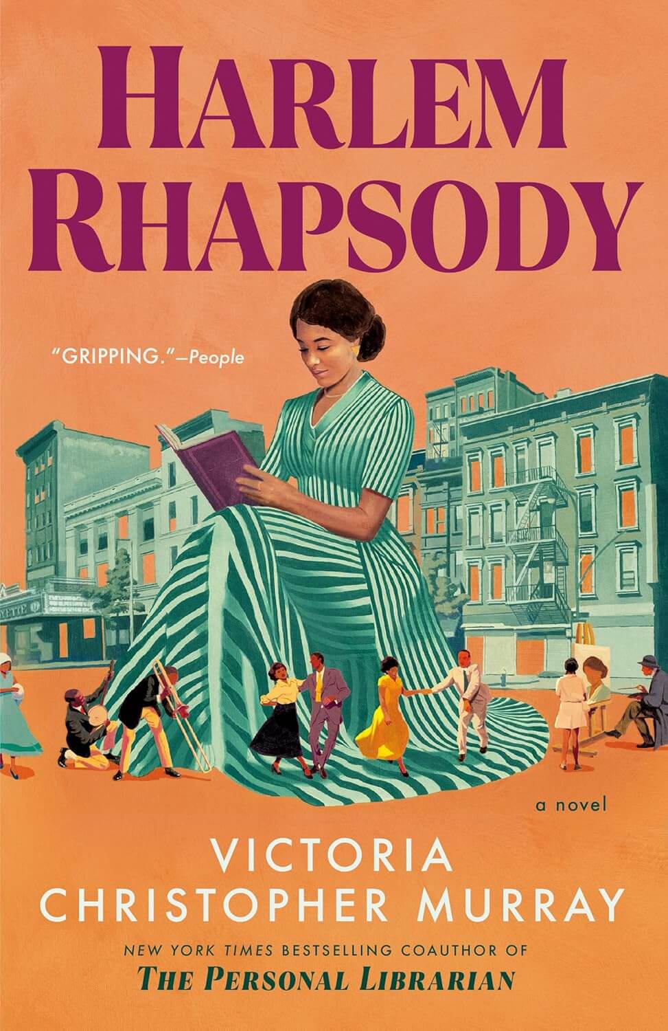 Cover for "Harlem Rhapsody" by Victoria Christopher Murray, featuring a plain orange background with an illustration of a woman reading in front of a building with smaller figures dancing about the hem of her dress. The image is cut off on the spine-side of the cover.