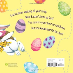 The back cover for "How to Catch the Easter Bunny" by Adam Wallace, with a bright yellow background and more illustrated easter eggs and a rabbit hopping off of the page.