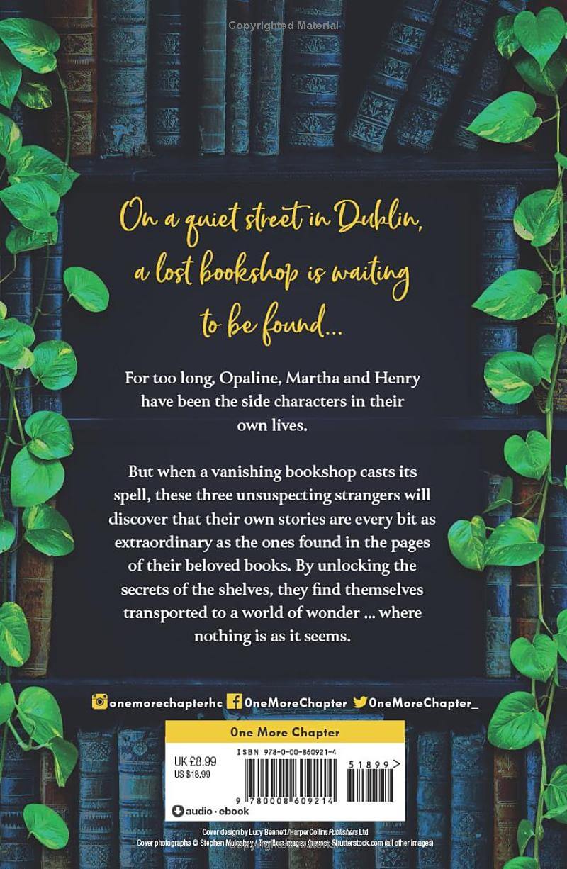 Back cover of "The Lost Bookshop" by Evie Woods, featuring an illustration of a bookshelf covered in vines with a black empty space to provide contrast for the book blurb.