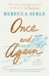 Cover image for "Once and Again" by Rebecca Serle, with an off-white background and light blue line drawings of a beach.
