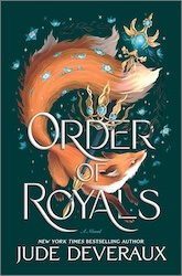 Cover for "Order of Royals" by Jude Deveraux, with a dark green background and an illustrated fox dancing amongst a crown and sceptre.