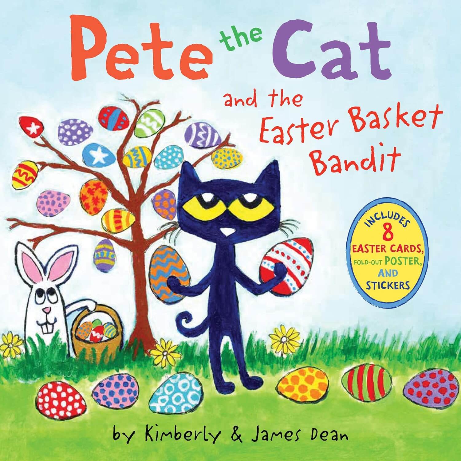 Front cover of "Pete the Cat and the Easter Basket Bandet" by Kimberly and James Dean, featuring a whimsical illustration of a black cat surrounded by easter eggs with a white rabbit peeking from the background.