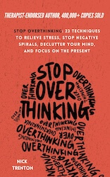 Cover for "Stop Over Thinking" by Nick Trenton, featuring a wordcloud in the shape of a head and a distressed red background.