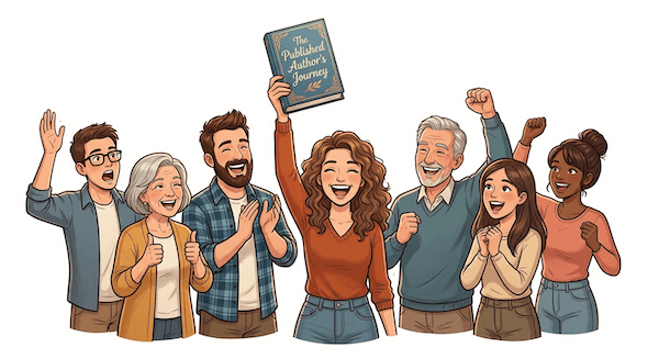 A cartoon of a number of people celebrating while the person in the center holds up their finished book.