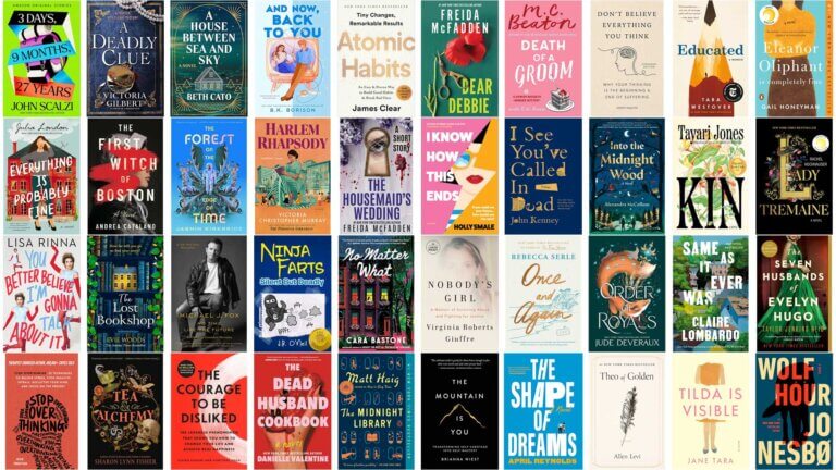 A collage of the front covers of 40 books crossing a range of different genres.