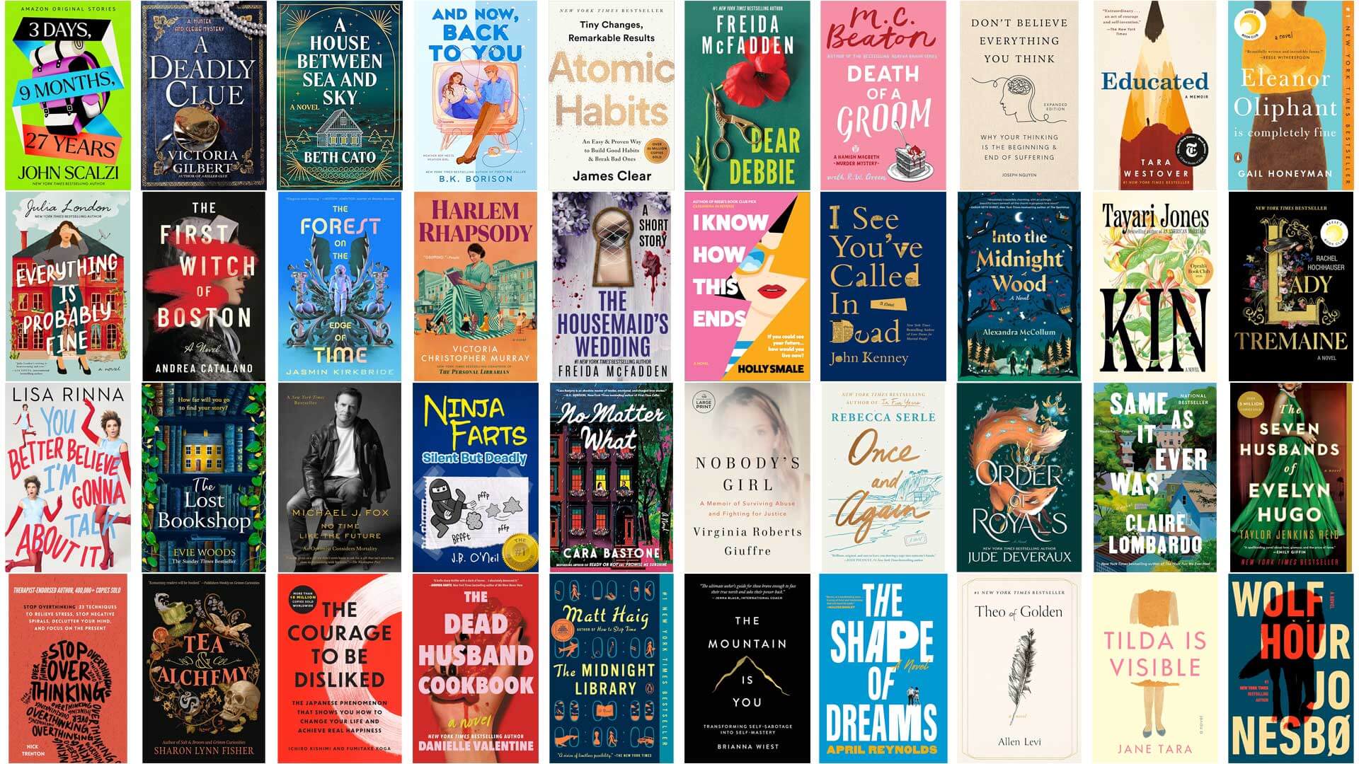 A collage of the front covers of 40 books crossing a range of different genres.