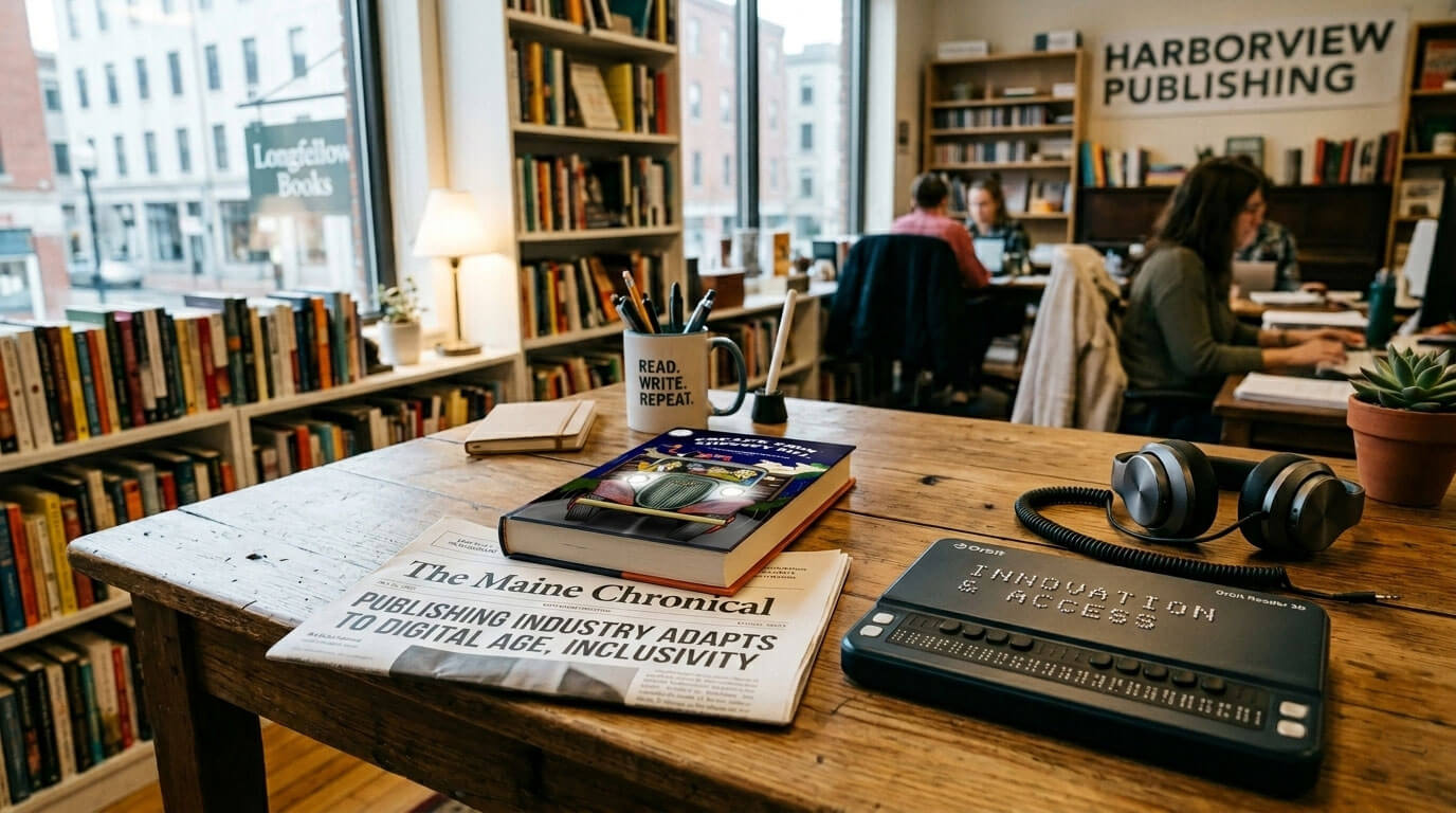 A desk with a book, a newspaper, and an accessibility device on it in the office of a publishing company.