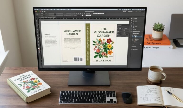 A monitor with a cover design layout displayed, situated on a desk with a book.