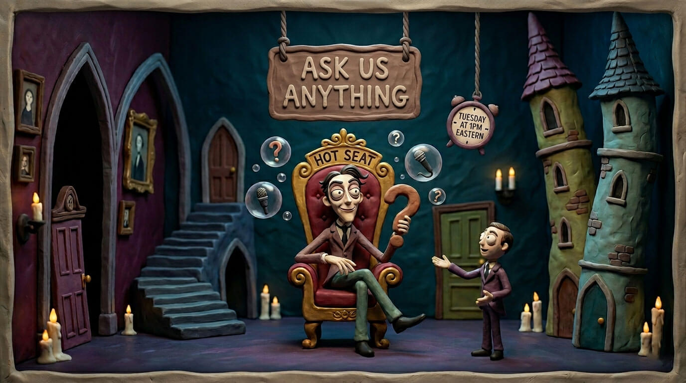An Ask us Anything claymation scene, with a guy sitting in a chair surrounded by questions and microphones.