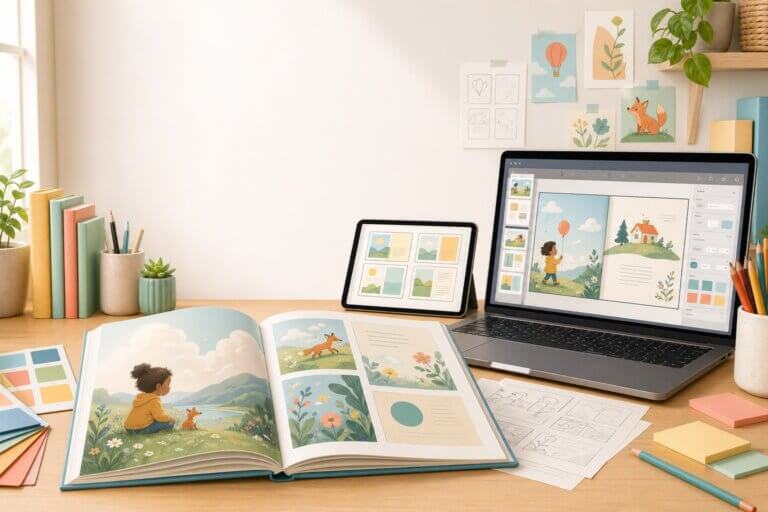 A children's book laid out on a desk in front of a laptop with editing software.