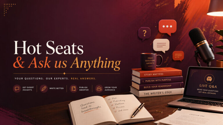 A desk with a pile of books and a microphone that reads, Hot Seats and Ask us Anything