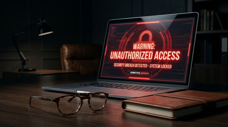 A laptop on a desk with a large red "Unauthorized Access" warning across it.