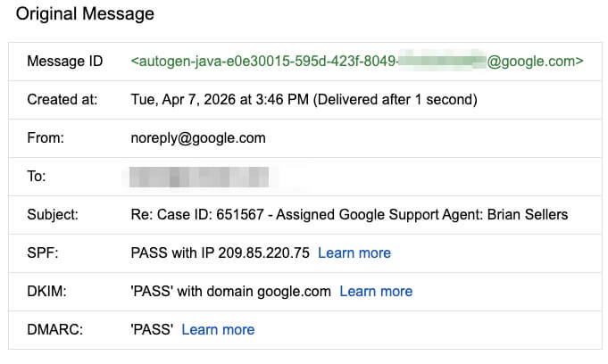 The message headers from an email highlighting that Google did in fact send the email from their servers.