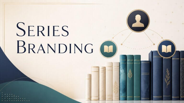 Series Branding title card, with a shelf of books that look similar to each other in groups.