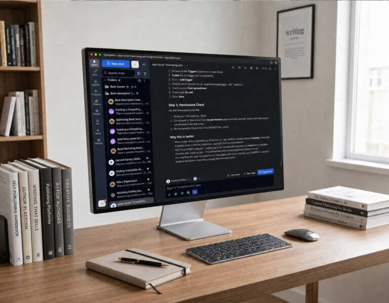 A desk in an office with an iMac in the middle of the desk. TypingMind is running on the computer.
