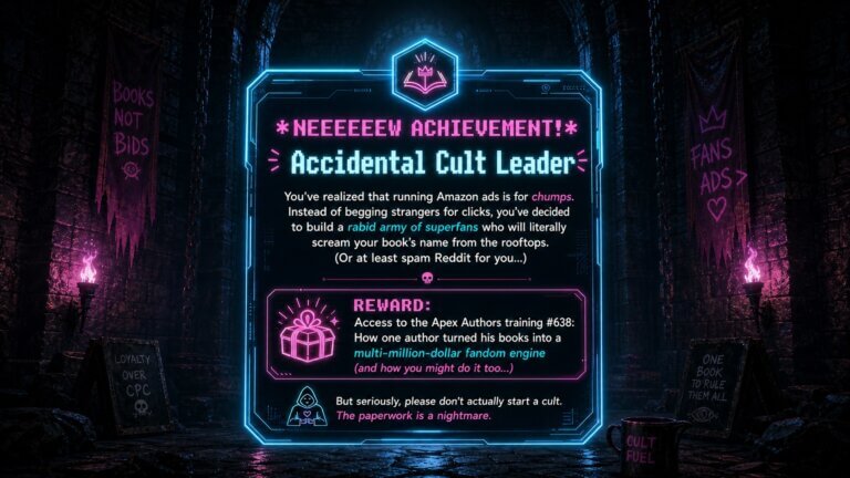 NEW ACHIEVEMENT! A video game notification for Apex Authors live training #638 about how authors can turn fans into a marketing engine by looking at Matt Dinnaman's latest Dungeon Crawler Carl book launch.