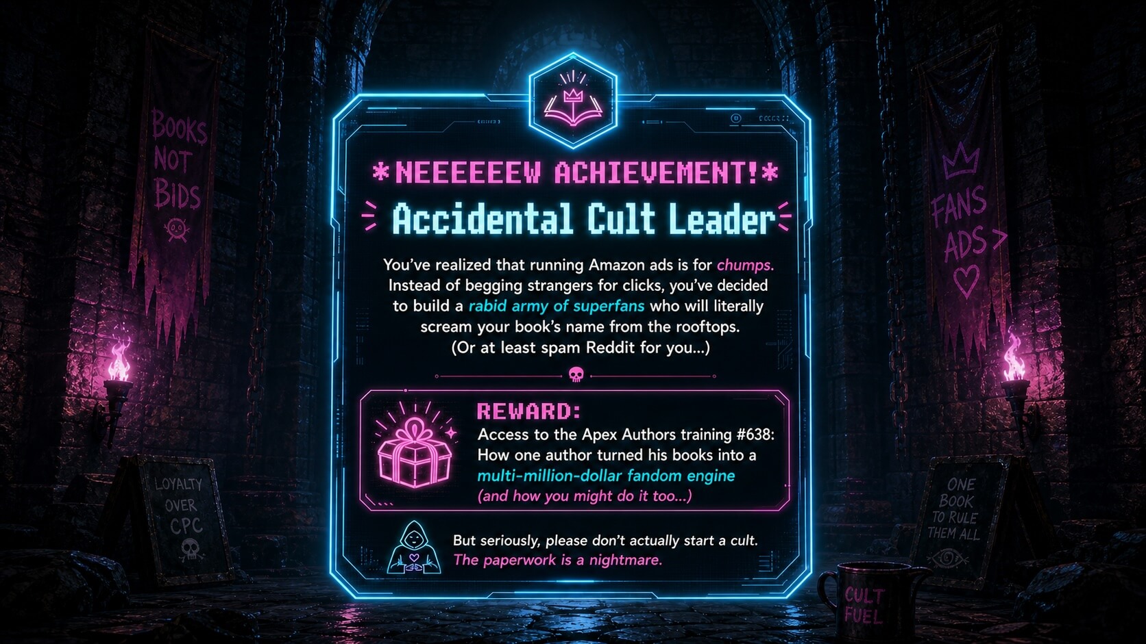 NEW ACHIEVEMENT! A video game notification for Apex Authors live training #638 about how authors can turn fans into a marketing engine by looking at Matt Dinnaman's latest Dungeon Crawler Carl book launch.